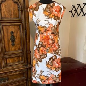 Vintage Hand-Made Stretch Lycra Floral Sleeveless Dress - Orange and Brown